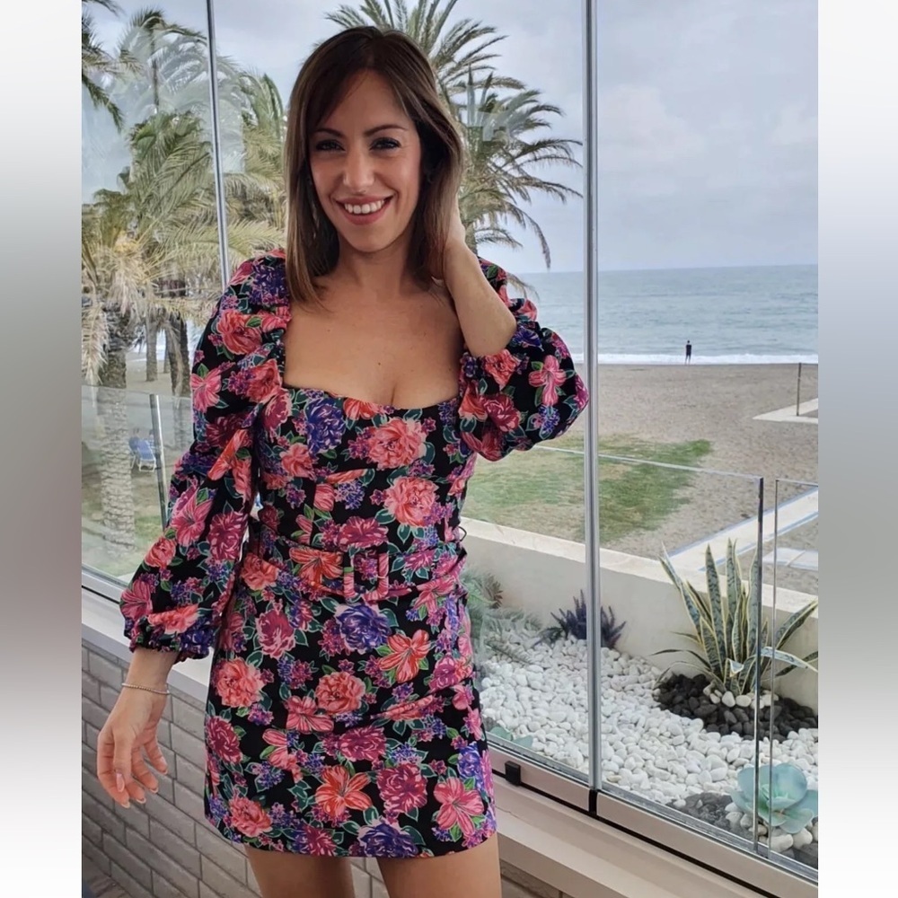 NWT Zara Floral Belted Pink Purple Puff Sleeve Mini Dress Zinnia Cottagecore XS. - Picture 8 of 16